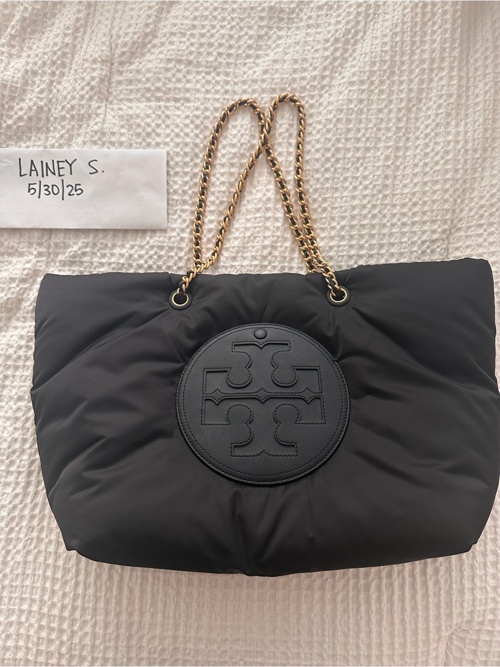 Tory Burch Black Quilted Logo Tote with Gold Chain Handles